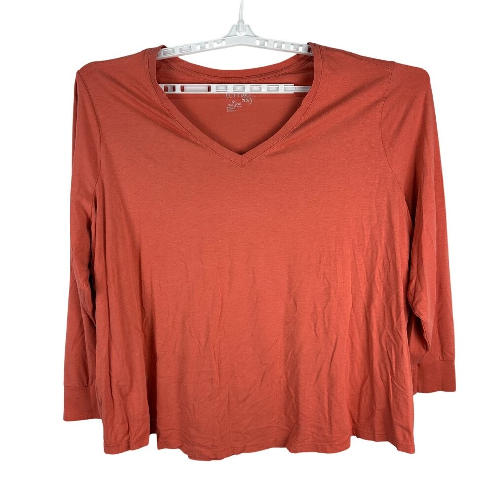 Terra & Sky Womens Plus Size 5X Rust V-Neck Long-Sleeve Soft Stretch Shirt